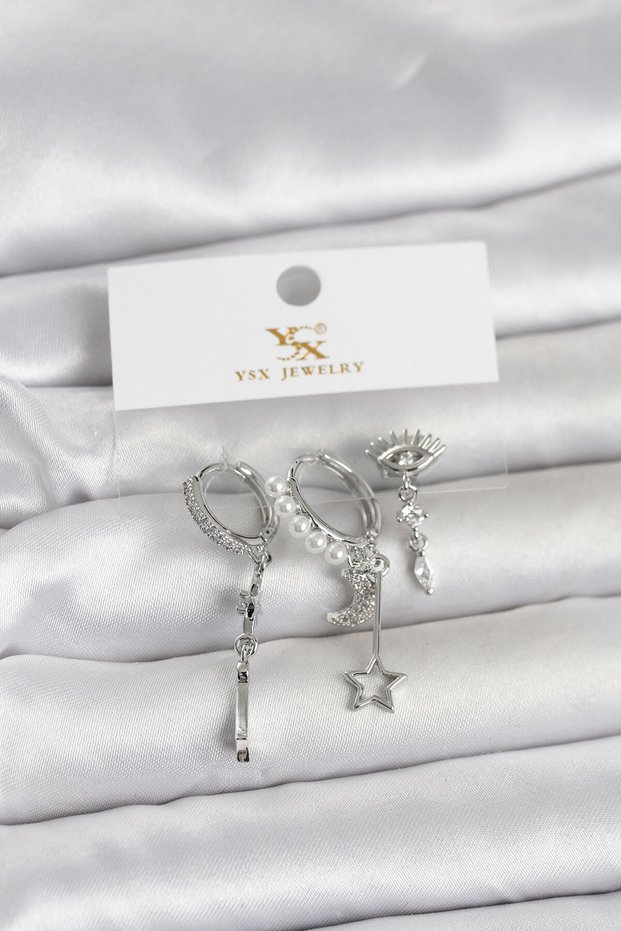 Brass Silver Color Zircon Stone Night Theme 3-Piece Women's Earrings Tj-Bkp11704