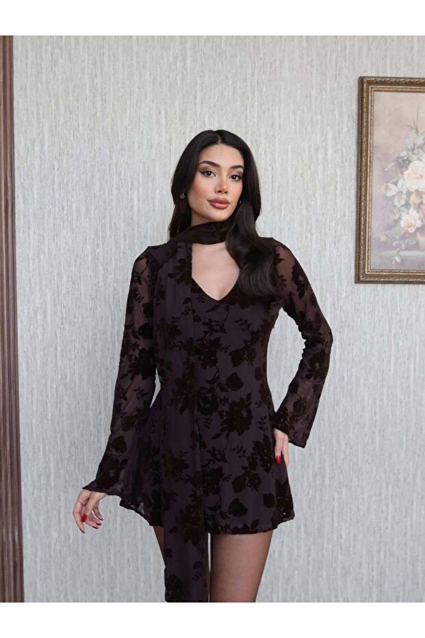 Brown Embossed Mini Dress with Scarf Collar – Long Sleeve Stylish Evening & Event Dress
