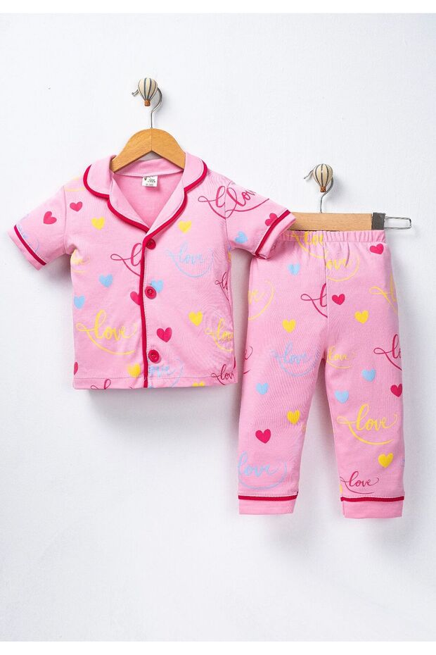 100% Cotton Short Sleeve Buttoned Summer Tiny Colorful Heart Love Patterned Unisex Baby Kids Pajama Set