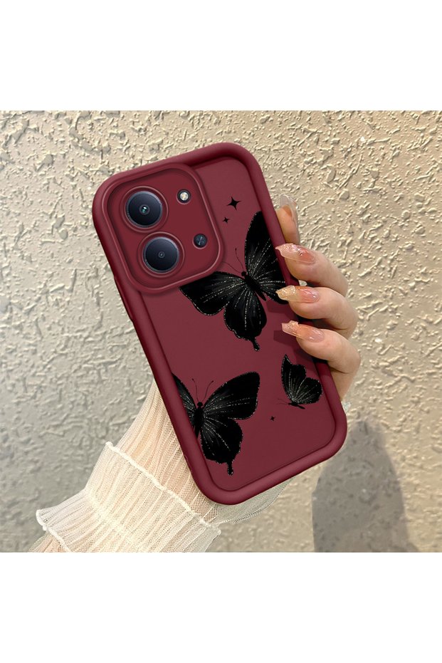 Redmi 15C 4G/5G Compatible Claret Red Butterfly Silicone Case with Camera Protection, Shock Absorption, Comfortable Grip