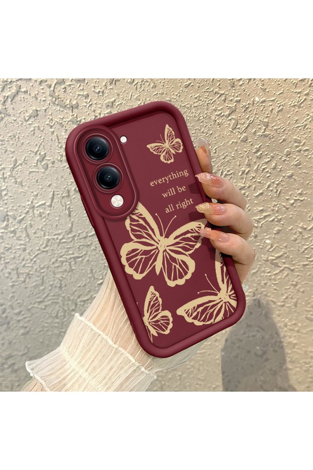Vivo Y04/Y19/Y29S Compatible Claret Red Butterfly Silicone Case with Camera Protection, Shock Absorbing, Comfortable Grip