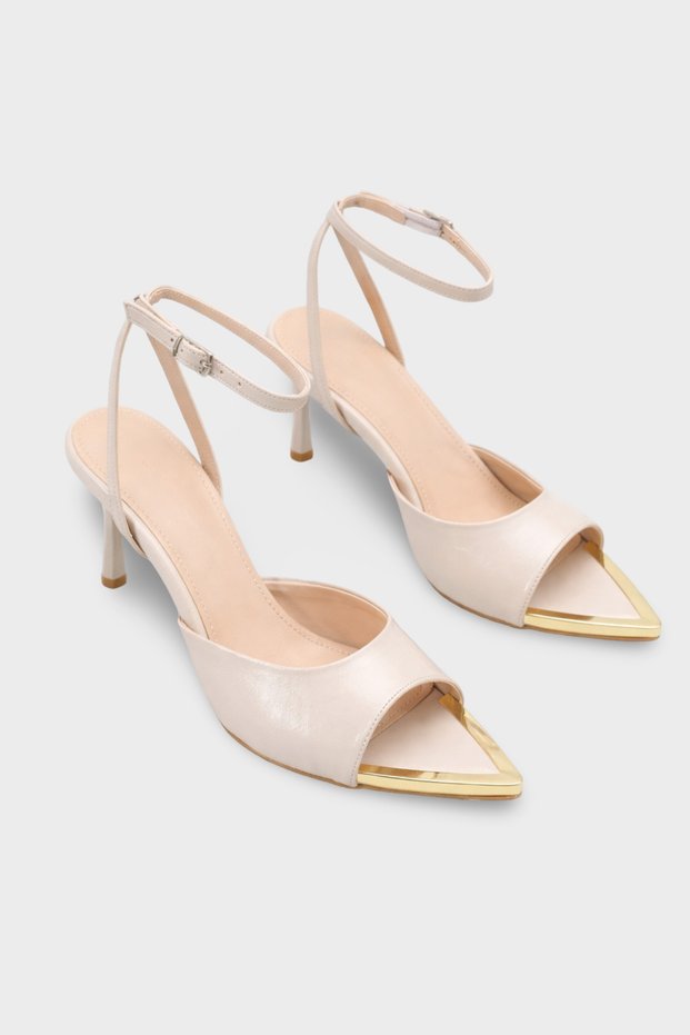 Women's Pointed Toe Gold Buckle Detailed Casual Heels Rias Beige