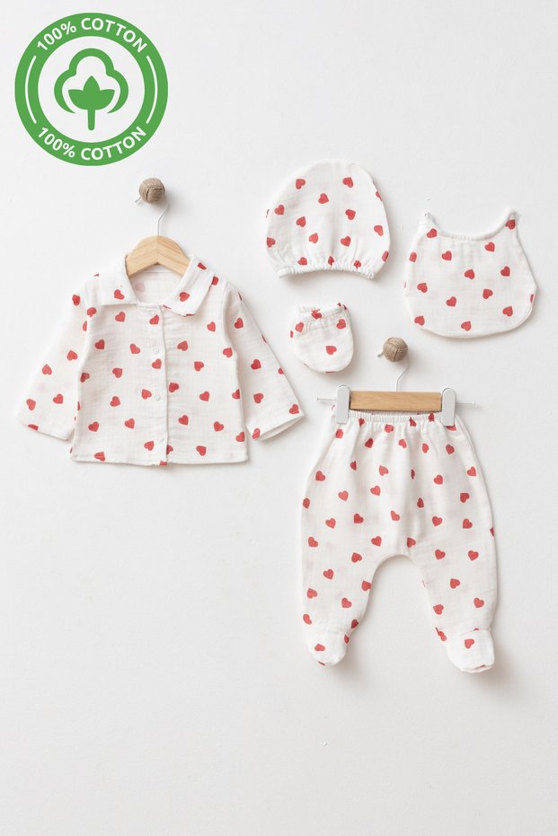 Gots Certified Fabric 100% Cotton Muslin 5-Piece Baby Girl Hospital Discharge Set Gift