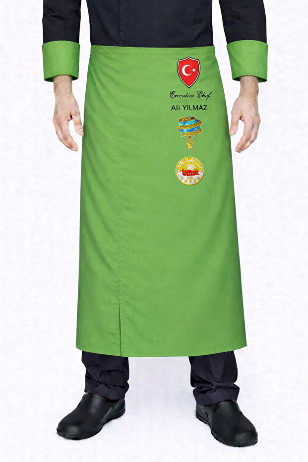 Turkish Flag Wacs Tafed Embroidered Green Waist-Tied Chef Apron with Name Gift Chef Apron Kitchen