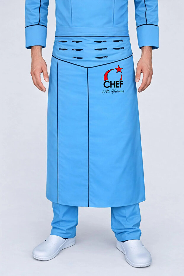 Name Gift Moon Star Knife Embroidered Chef Apron Waist-Tie Chef Apron Kitchen Turquoise Blue