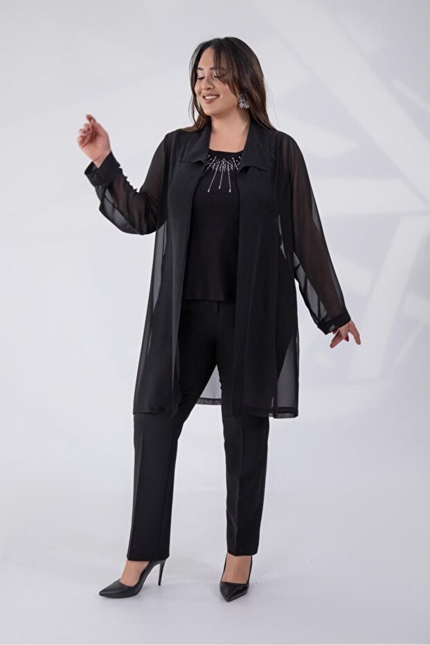 Women's Plus Size 2-Piece Evening Dress Blouse with Stone Collar Black