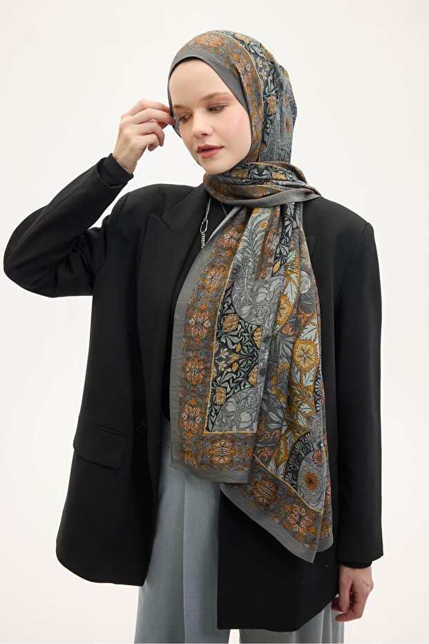 Urban Hours Floral Motif Pattern Gray Mayda Shawl 190X70