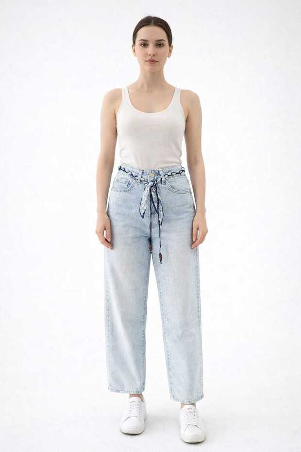 Women's Open Blue Denim Pants with Scarf and Wide Legs