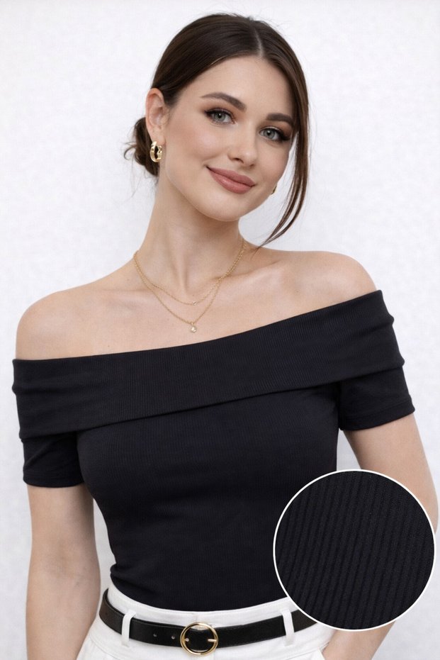 Women's Black & White Off-The-Shoulder Ribbed Camisole Blouse Slim Fit Stretchy Fabric Casual Stylish