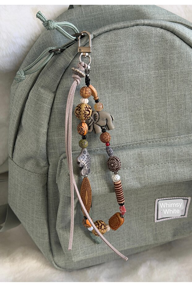 Bohemian Bag Charm with Elephant and Fish Figures Made of Natural Unakite & Citrine Stones | Handmade Ethnic Keychain
