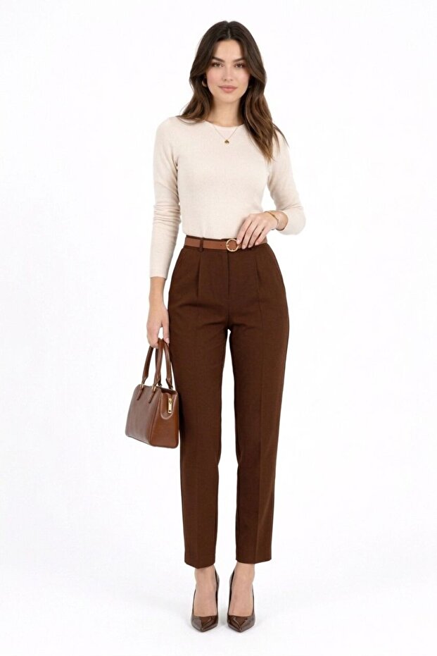 Women's Brown Slim Leg Pleated Belted Seasonal Fabric Trousers