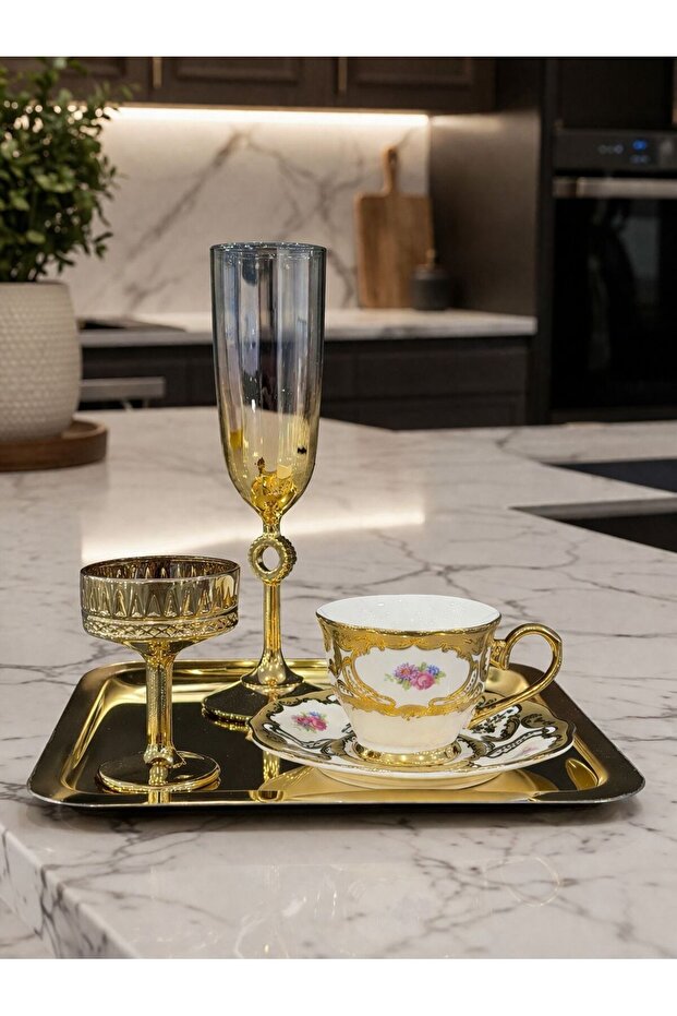 Gold Coffee Presentation Set – Gold Coffee Cup, Turkish Coffee Cup, Coffee Saucer and Tray - Luxury Coffee Set
