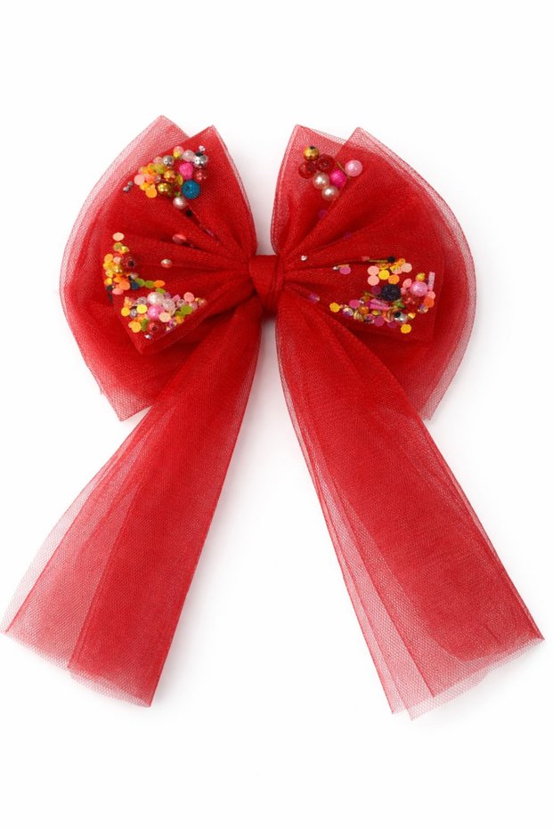 Girl's Red Tulle Bow Hair Clip with Bead and Sequin Detail - Stylish Hair Accessory