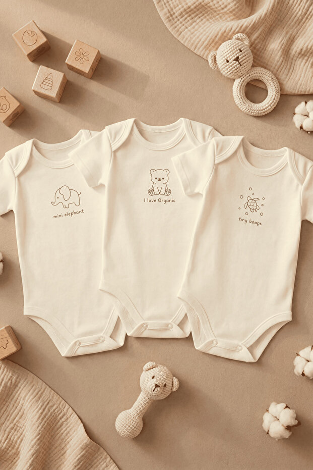 100% Cotton I Love Organic Cute Printed 3-Piece Snap Fastener Short Sleeve Baby Bodysuit Set, Bodysuit, 0-6 Years