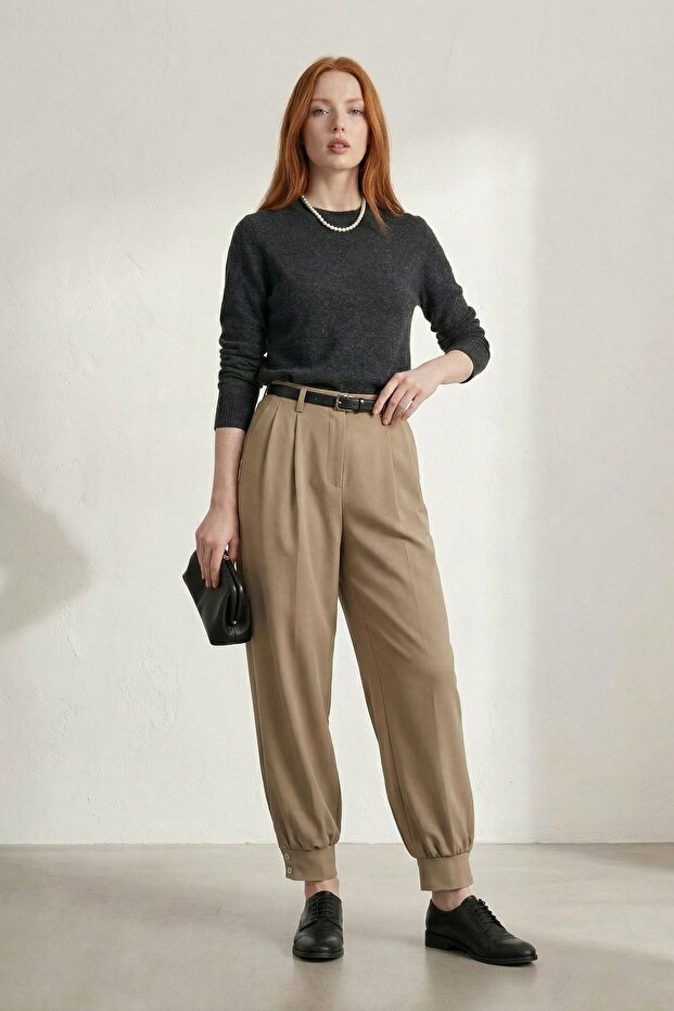 بنطلون MY FASHION بأزرار وحزام عند الخصر