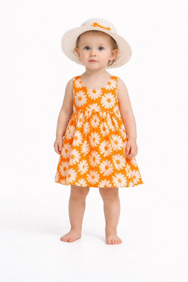 Sweet Baby Girl Daisy Patterned Style Dress with Hat Summer Combination