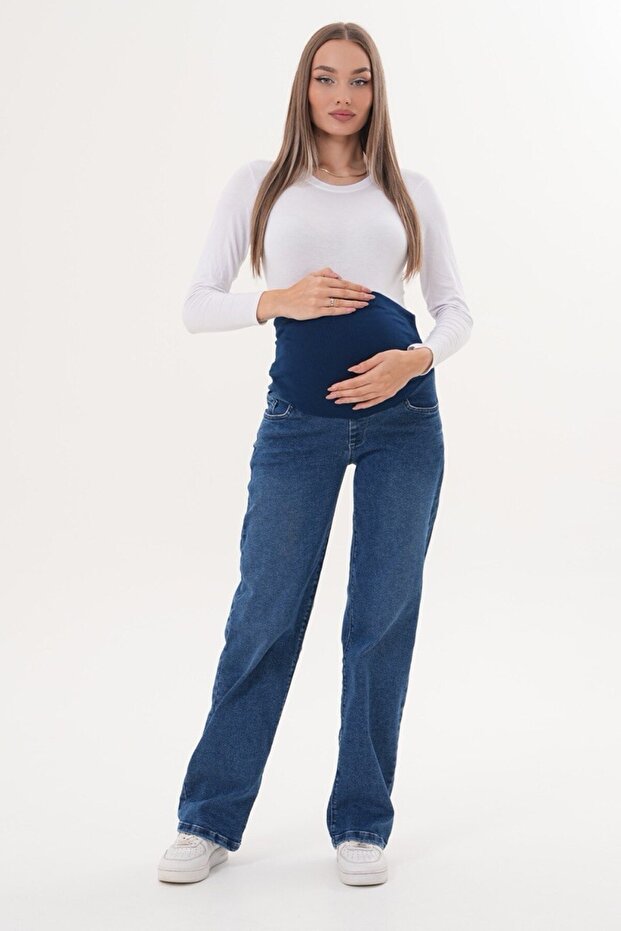 Maternity Stretchy Wide-Leg Jeans with Adjustable Waist and Elastic Waistband