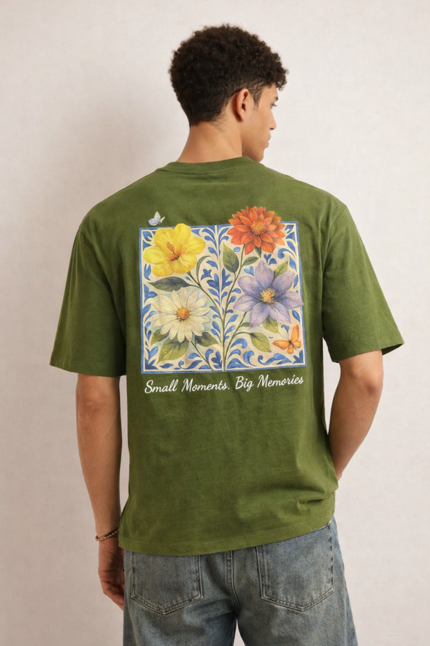 Men's Floral Printed T-Shirt – Oversize Fit, Back Patterned with "Small Moments Big Memories"