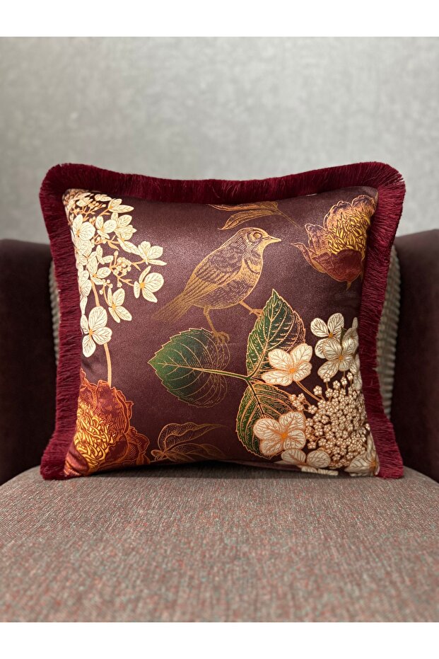 Robin-9399 Imported Silk Velvet Burgundy Tasseled Cushion Cover 43X43