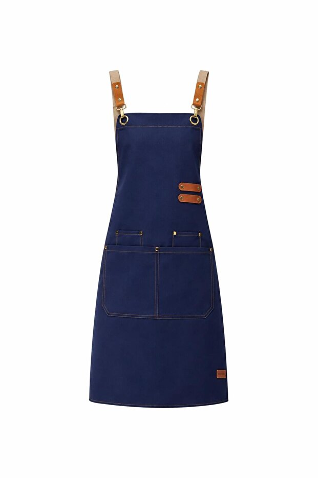 Water Resistant Barista Apron with Adjustable Strap and Pocket Kitchen Cafe Waiter Apron Navy Blue 74 cm