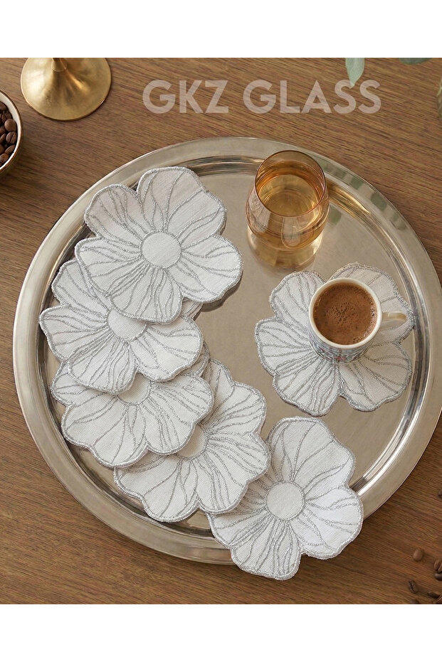 6 Linen Fabric Embroidered Coffee Side Cocktail Napkins & Coasters Serving Napkins