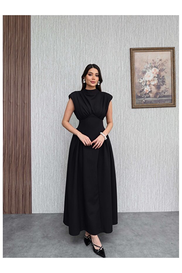 Shoulder-Padded Back Tie-Detail Sleeveless Dress