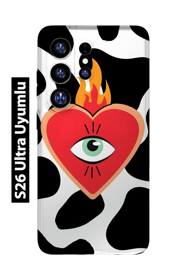 Samsung Galaxy S26 Ultra Compatible Transparent Phone Case with Flame Heart Pattern