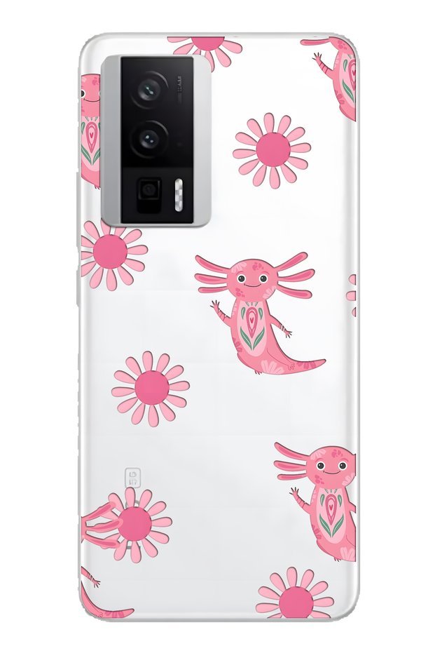 Poco F5 Pro Compatible Pink Axolotl Patterned Transparent Phone Case