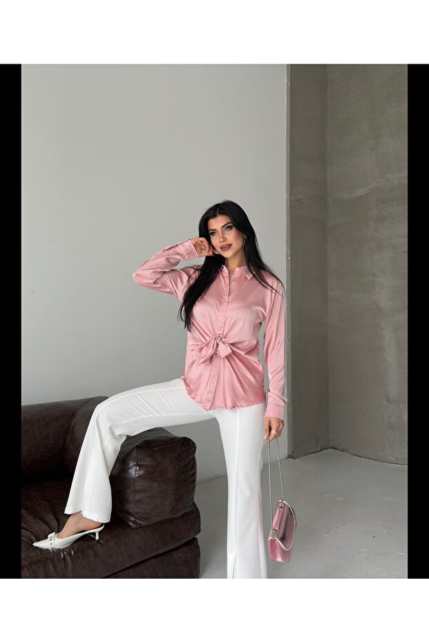 Women's Satin Front Tie Detailed Long Sleeve Shirt Pink / Black / Coffee