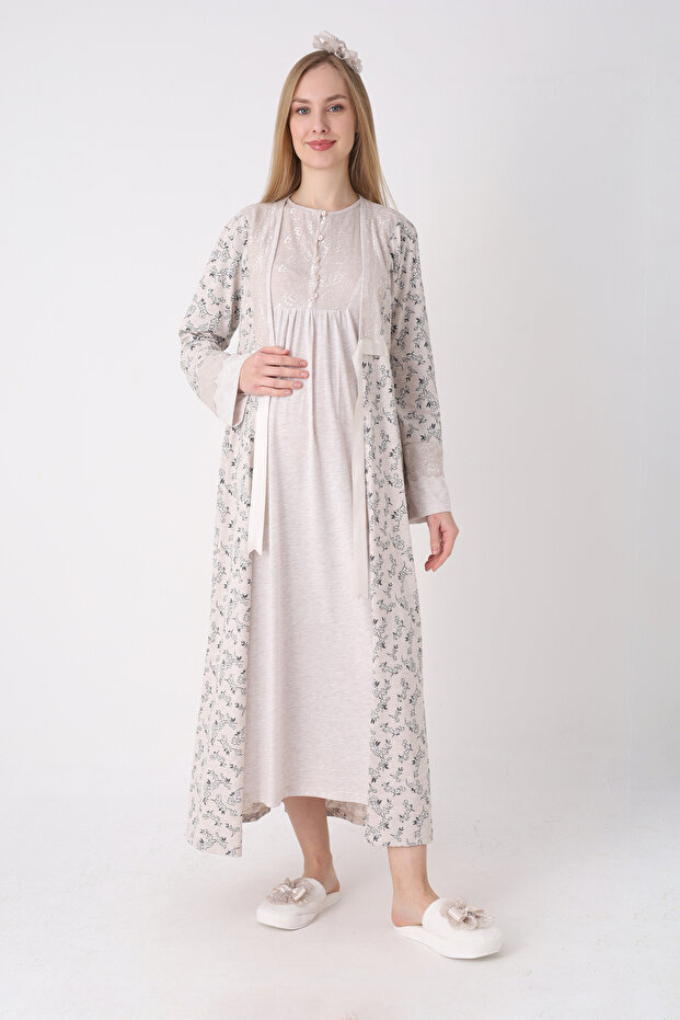 Maternity Nightgown and Dressing Gown Set Floral Patterned Lace Breasted Buttoned Breastfeeding Cotton Viscose Set of 2