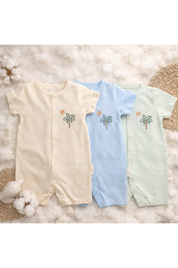 100% Cotton Antiallergic 3-Piece Soft Baby Romper Set with Tiny Palm Tree Embroidery Detail