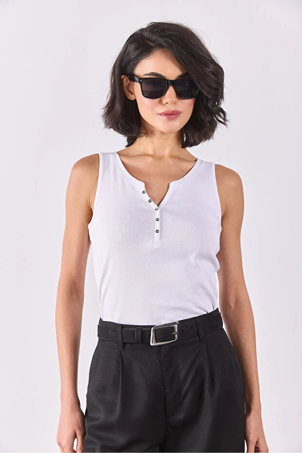 Women's Matilda Button Detailed Fitted Tank Top 100% Cotton - White