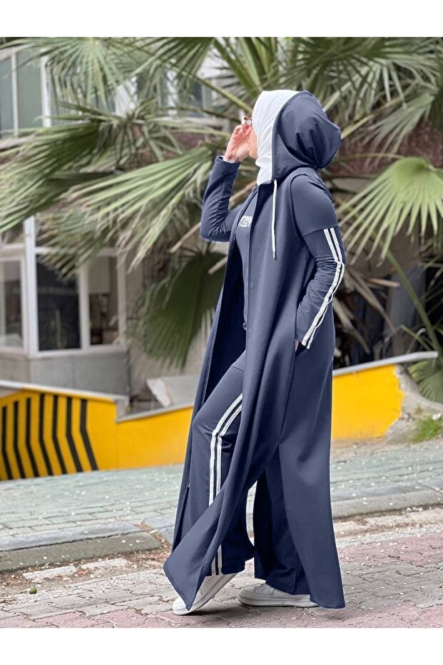 Women's 3-Piece Long Hooded Tracksuit Set Two-Thread Cotton Zipper N-05115 _ Gray