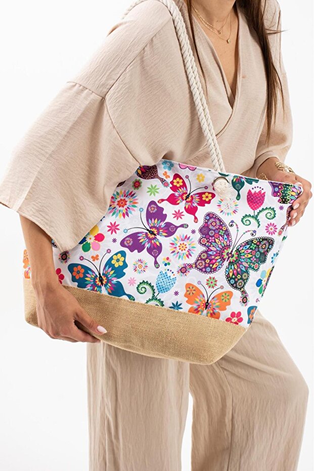 Large Casual Beach Bag with Straw Detail and Patterned Design
