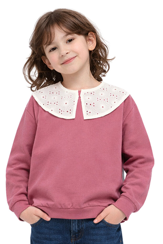 Divonette Kız Çocuk Brode Dantel Yaka %100 Pamuk Sweatshirt - Süs Brode Yakalı Çocuk Sweat