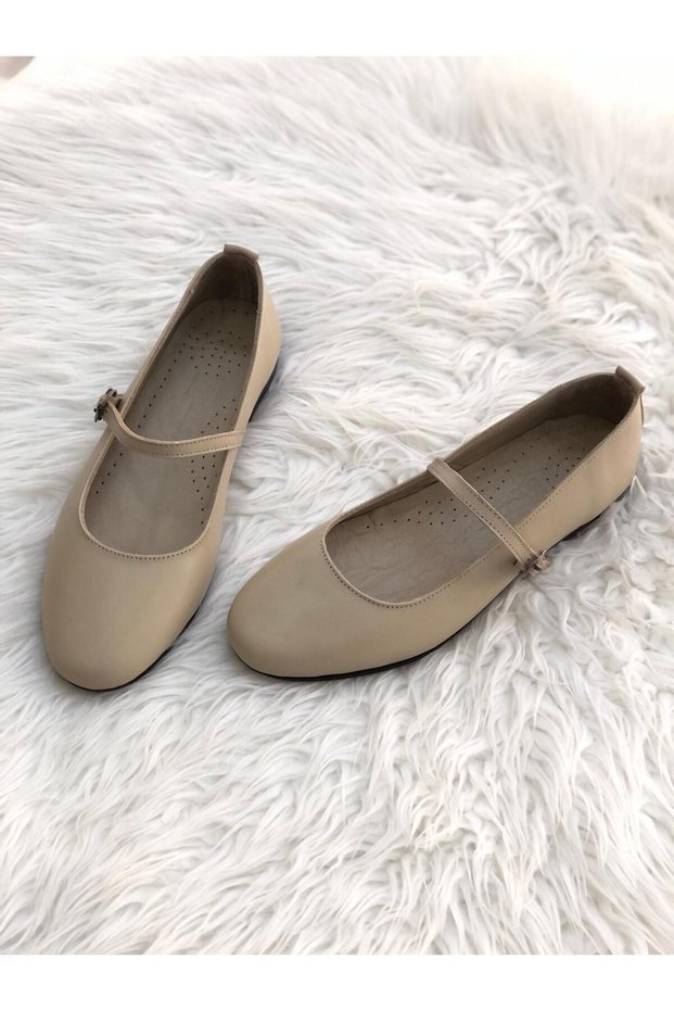 Elle Beige Genuine Leather Belted Casual Ballet Flats