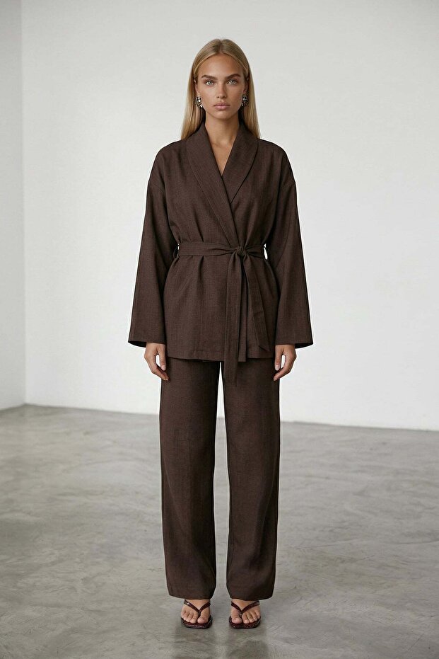 Bitter Brown Shawl Collar Tie-Up Sofia Linen Jacket and Wide-Leg Trousers Set Alc-X12433