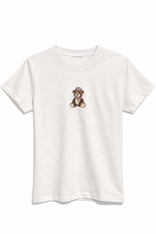 2078 Women's 100% Cotton Teddy Bear Embroidered Crew Neck T-Shirt Gray