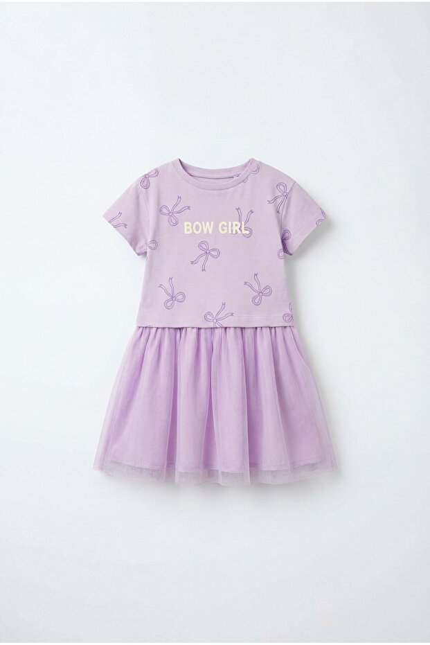 Girl's Cotton Lilac Bow Patterned Tulle Dress