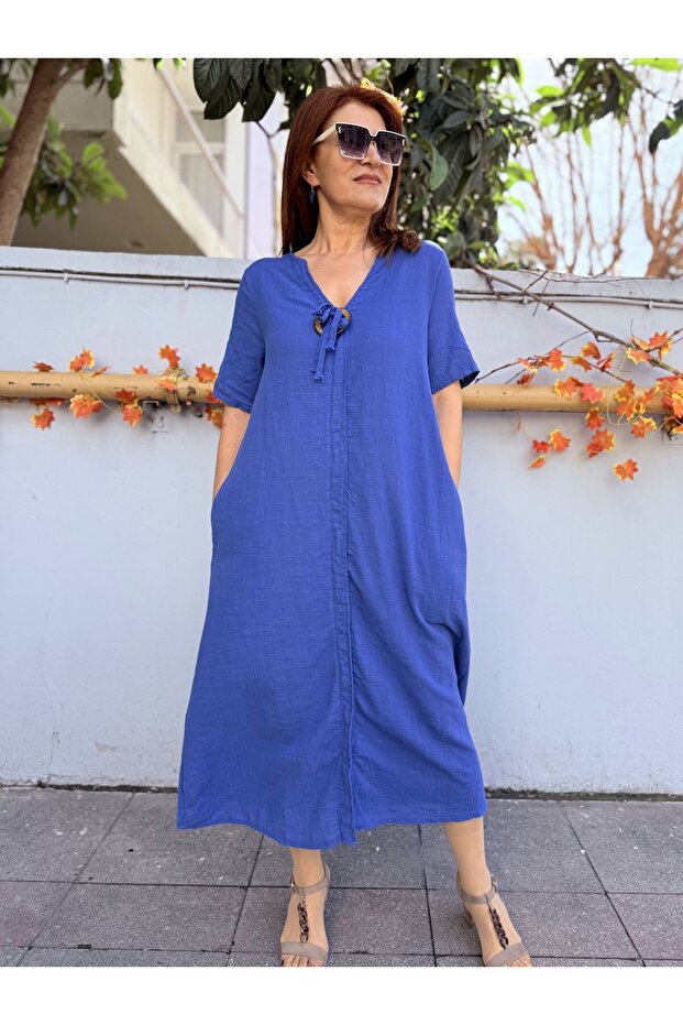 Linen Textured Buckle Cotton Dress Cobalt Blue