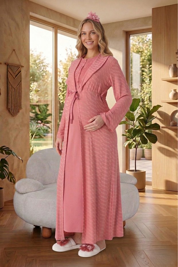 New Season Pomegranate Flower Maternity Summer Shawl Collar Jacquard Full Length Lace Short Sleeve Dressing Gown Nightgown Set