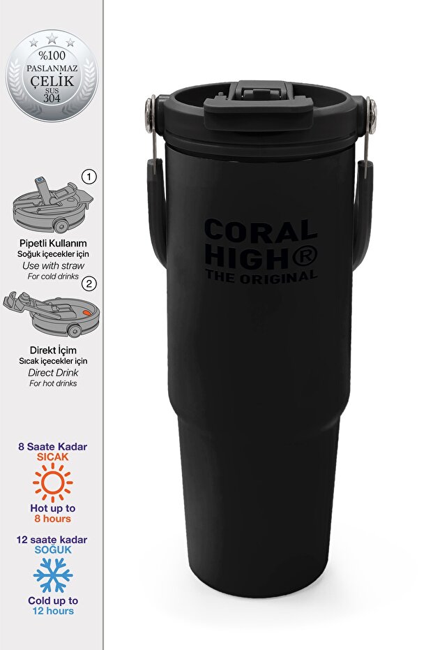 Black Thermos with Straw and Direct Drinking Steel Cup 900 ml 38750