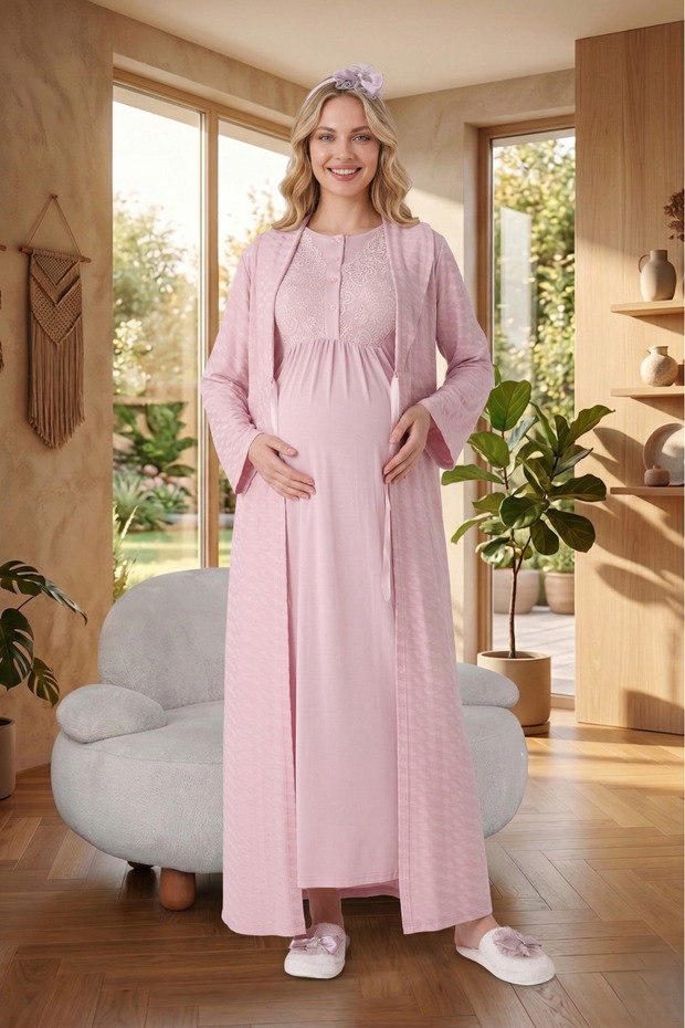 New Season Powder Maternity Summer Shawl Collar Jacquard Full Length Stylish Lace Short Sleeve Dressing Gown Nightgown Set