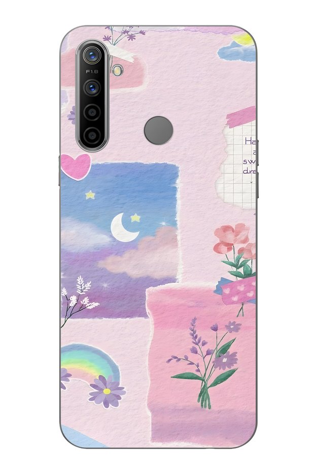 Realme 5I / 6I / C3 Compatible Pastel Floral Moon and Rainbow Pattern Transparent Phone Case
