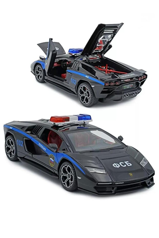 Die-Cast Police Supercar Model with Lights & Sound – 1:24 Scale Pull-Back Toy Car-Black