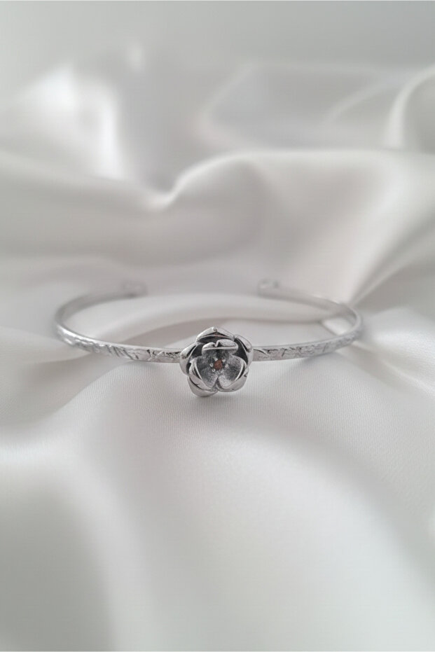 Silver Color Adjustable Tattooed Handcuff Rose Birth Month Flower Bracelet (August)
