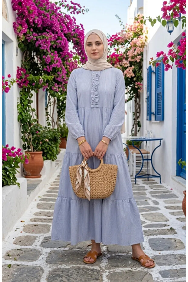 Striped Poplin Ruffle Detailed Hijab Dress 2190-01 Navy Blue