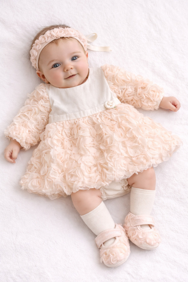 Baby Girl Special Occasion Dress with 3D Rose Tulle Detail, Luxury Gift Box Set