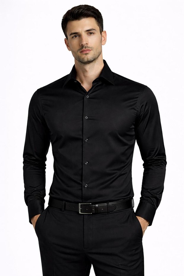 Slim Fit Long Sleeve Easy Iron Cotton Satin Men's Shirt