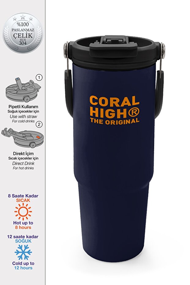 Navy Blue Steel Thermos with Straw and Direct Drinking Feature 900 ml 38760